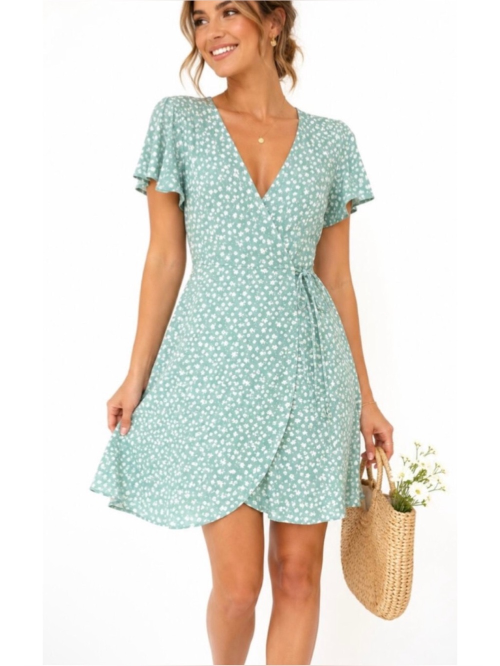 Monteau Los Angeles Ditsy Floral Mock Wrap Flutter Sleeve Dress